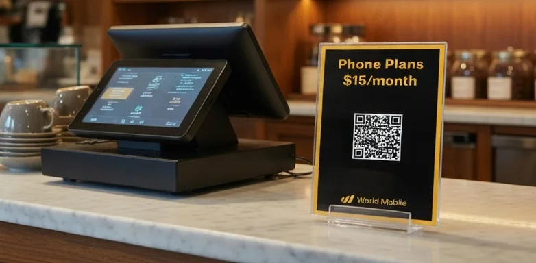 QR code table card for World Mobile phone plans displayed next to a cash register at a local coffee shop