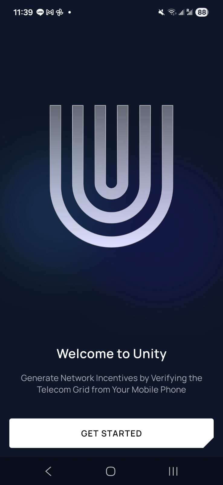 Unity app welcome screen — tap Get Started