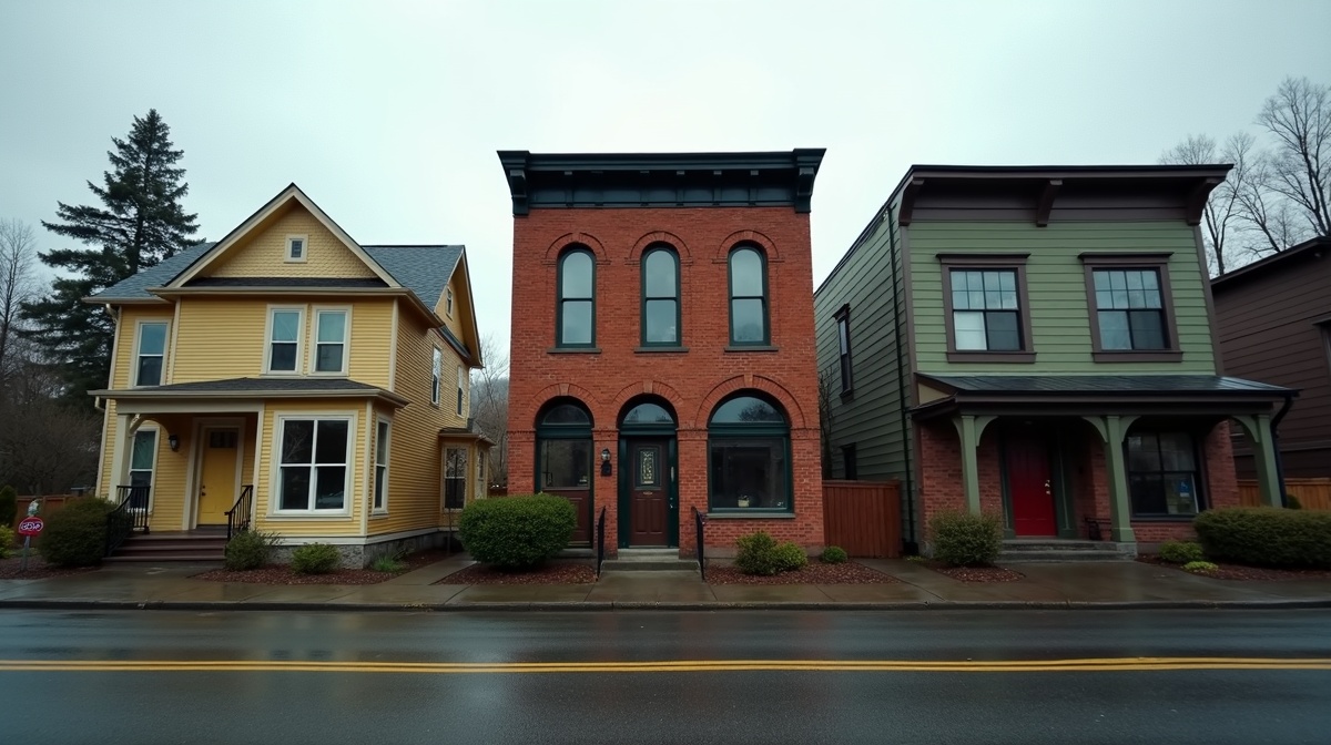 A collage of typical Bellingham building types: a Victorian house, a brick downtown commercial building, and a modern apartment complex
