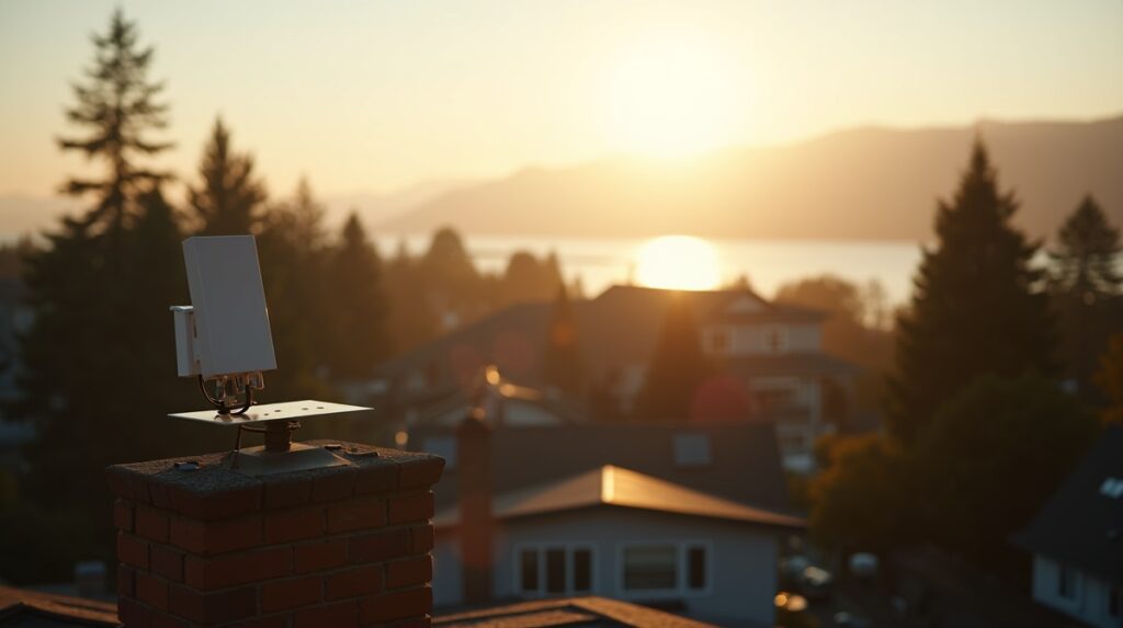 Rooftop view of Bellingham with Bellingham Bay in the background, small wireless radio mounted on a chimney