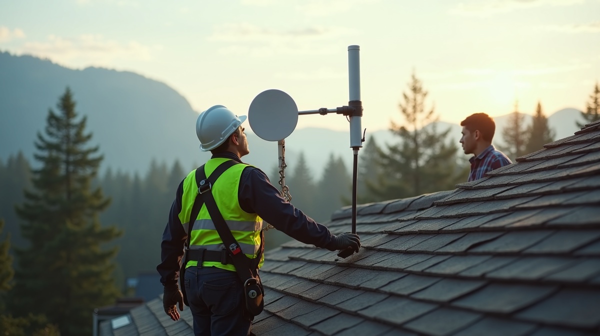A technician in a safety harness installing a small wireless radio on a Pacific Northwest rooftop