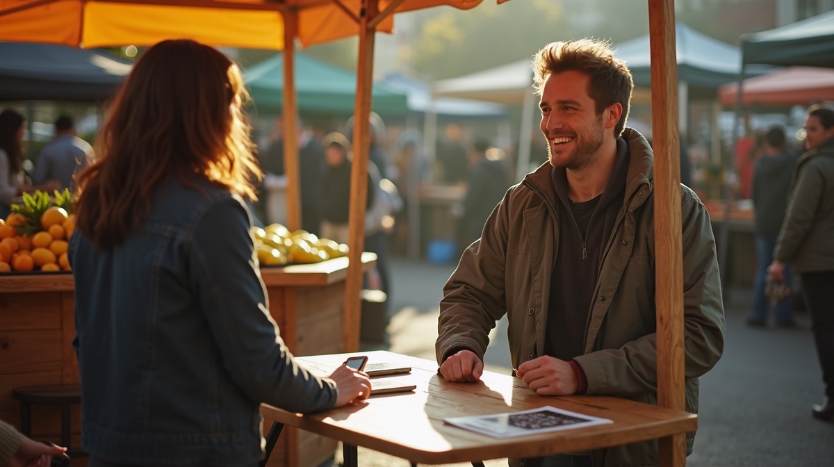A friendly sales agent talking with a customer at the Bellingham Farmers Market with phones and printed materials on a small table