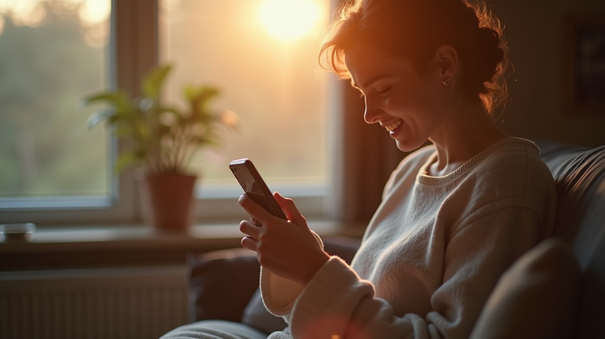 A close up of a person checking a banking app on their phone, showing a satisfied expression