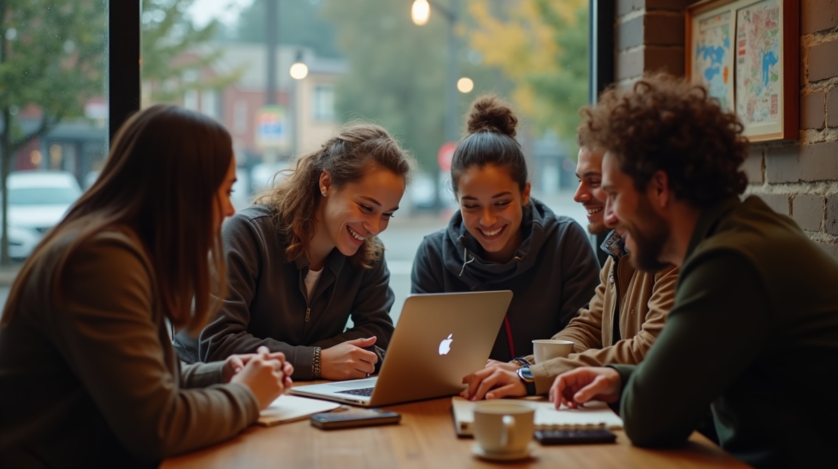 A small group of people gathered around a laptop in a casual coffee shop setting, learning together