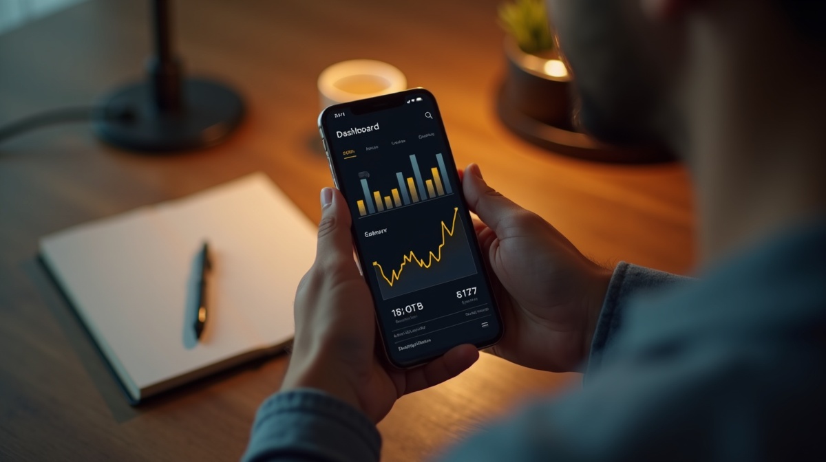 A close up of a smartphone screen showing a network builder dashboard with charts and earnings data