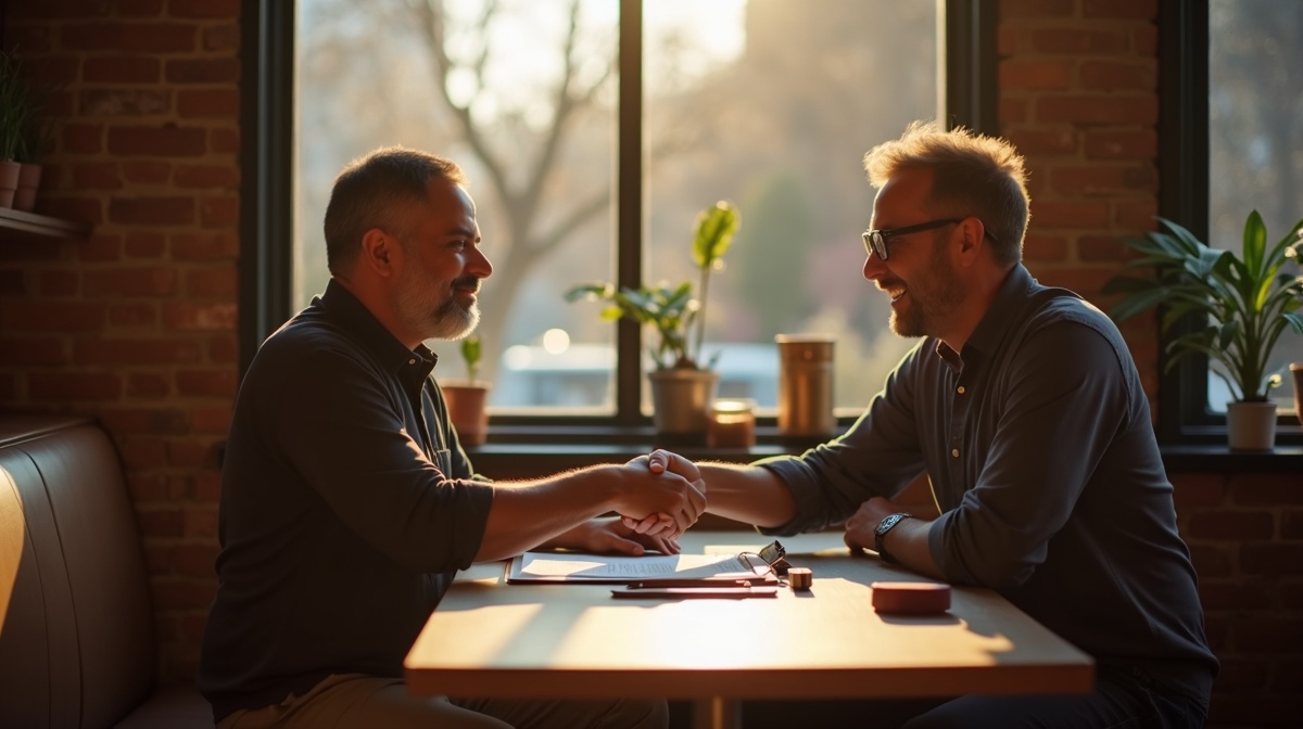 A handshake between two people in a sunlit downtown Bellingham coffee shop with a clipboard and phone on the table