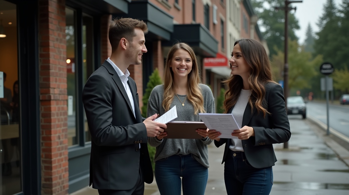 A small group of network builder agents talking outdoors in front of a brick building with leaflets in hand