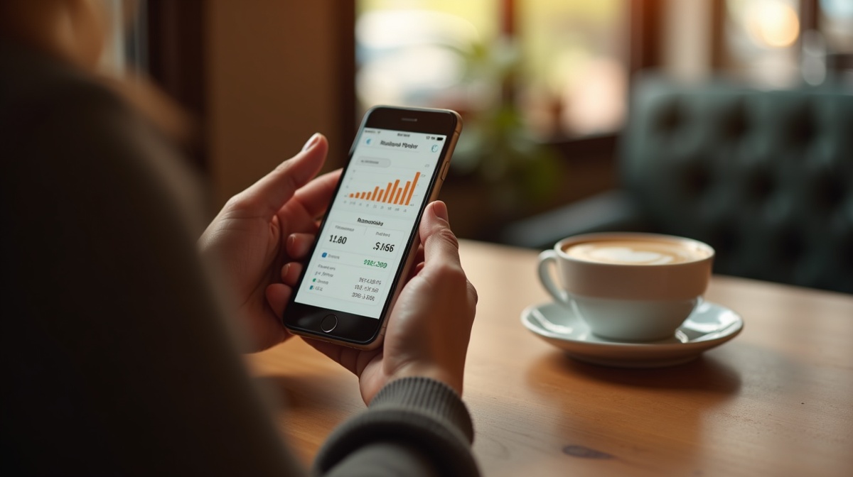 Person checking earnings on a smartphone in a coffee shop, representing Unity license operator rewards