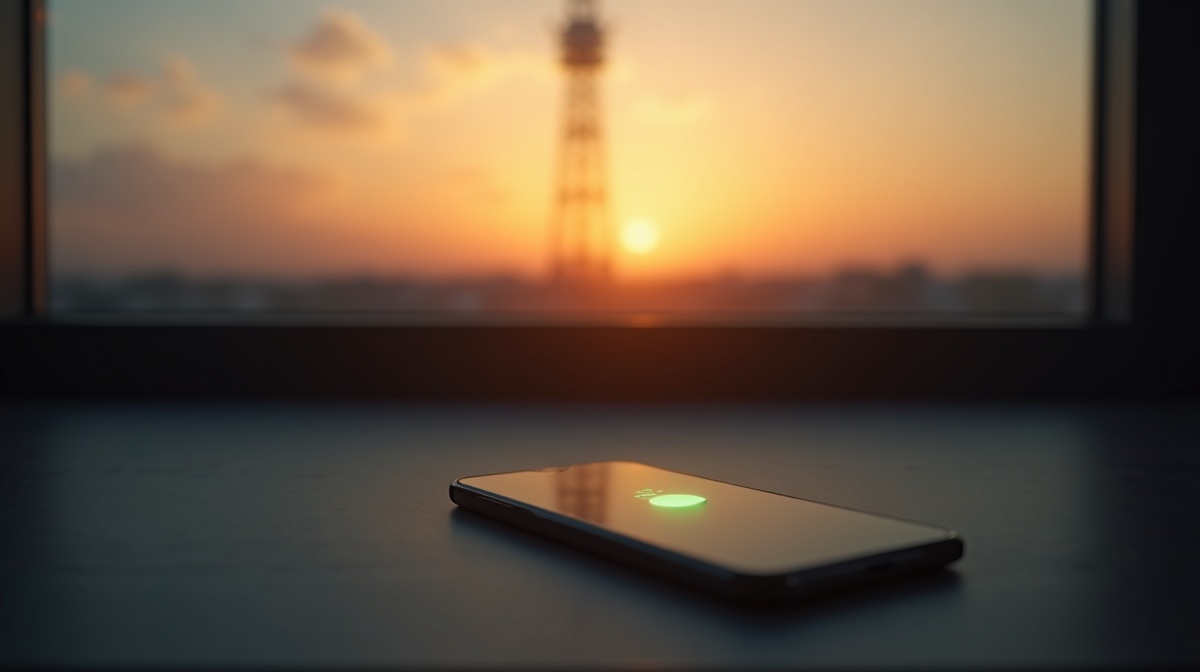 Smartphone running Unity app on a desk with telecom tower visible through a window, representing Scout and Runner network verification tasks
