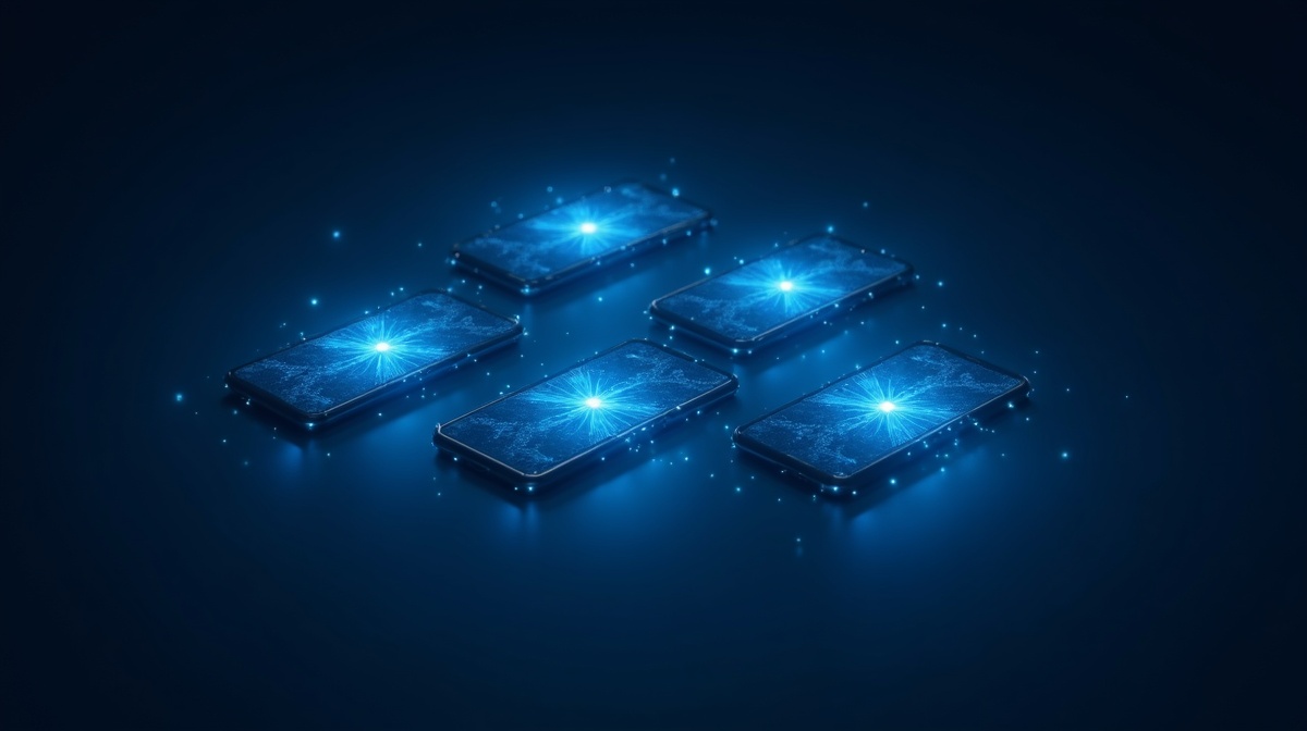 Multiple smartphones connected in a network pattern with glowing data connections representing Scout route discovery