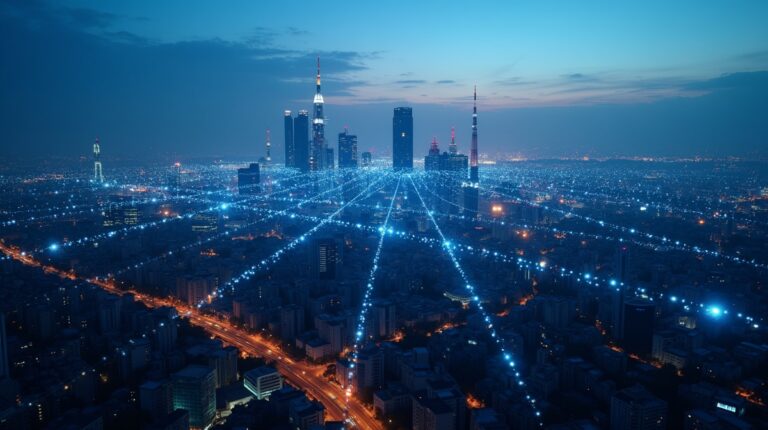 Global telecommunications network with connected nodes spanning across continents