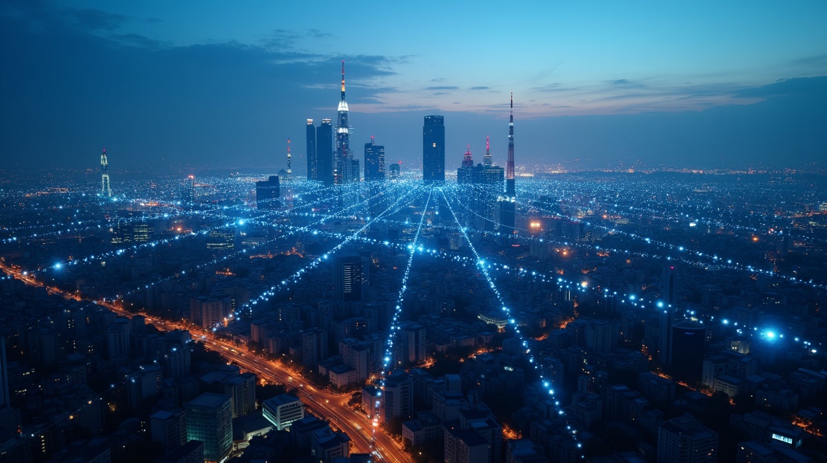 Global telecommunications network with connected nodes spanning across continents