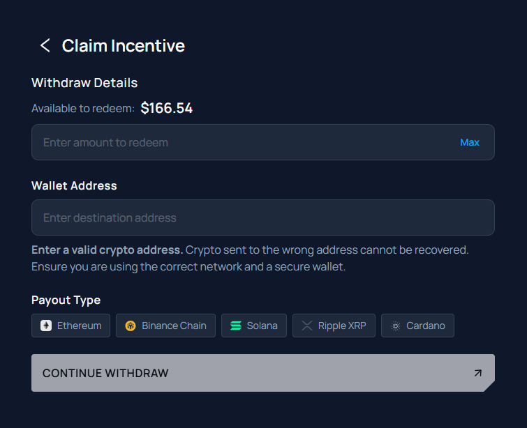 Unity app withdrawal screen showing supported payout networks