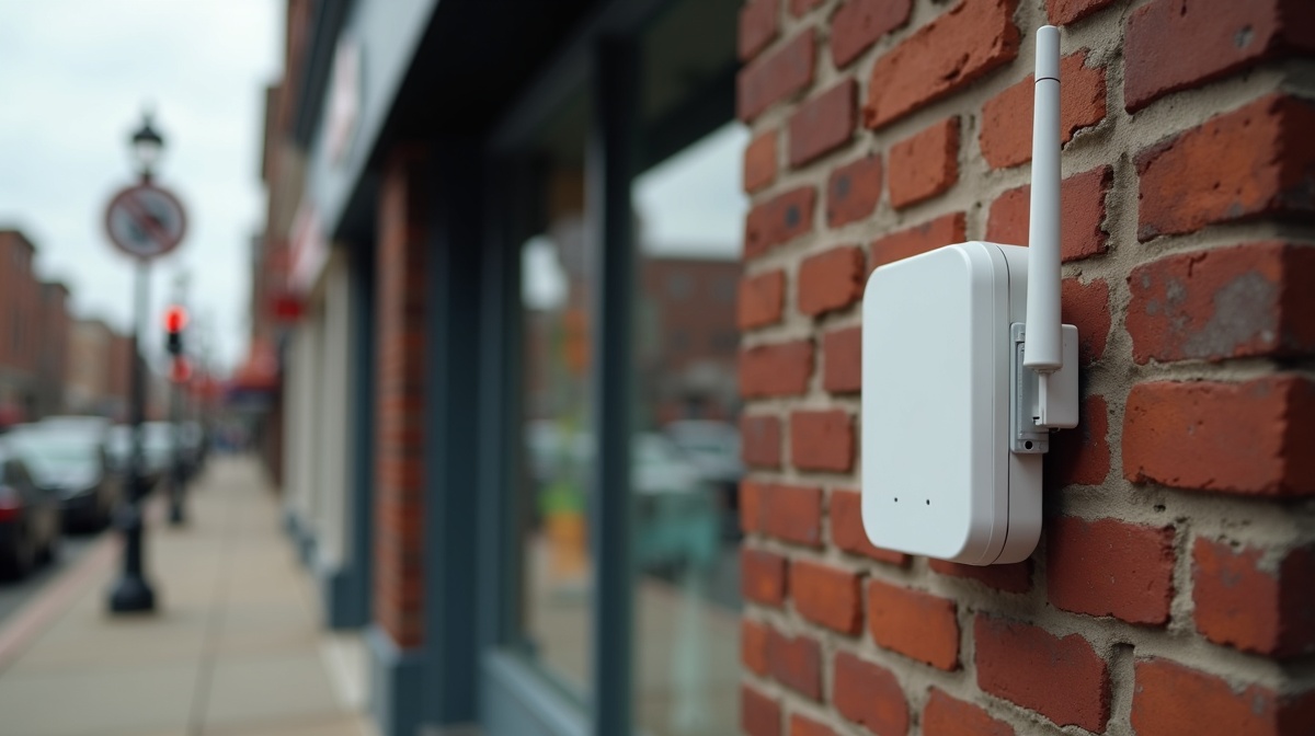 Small wireless device mounted on the exterior wall of a local business building