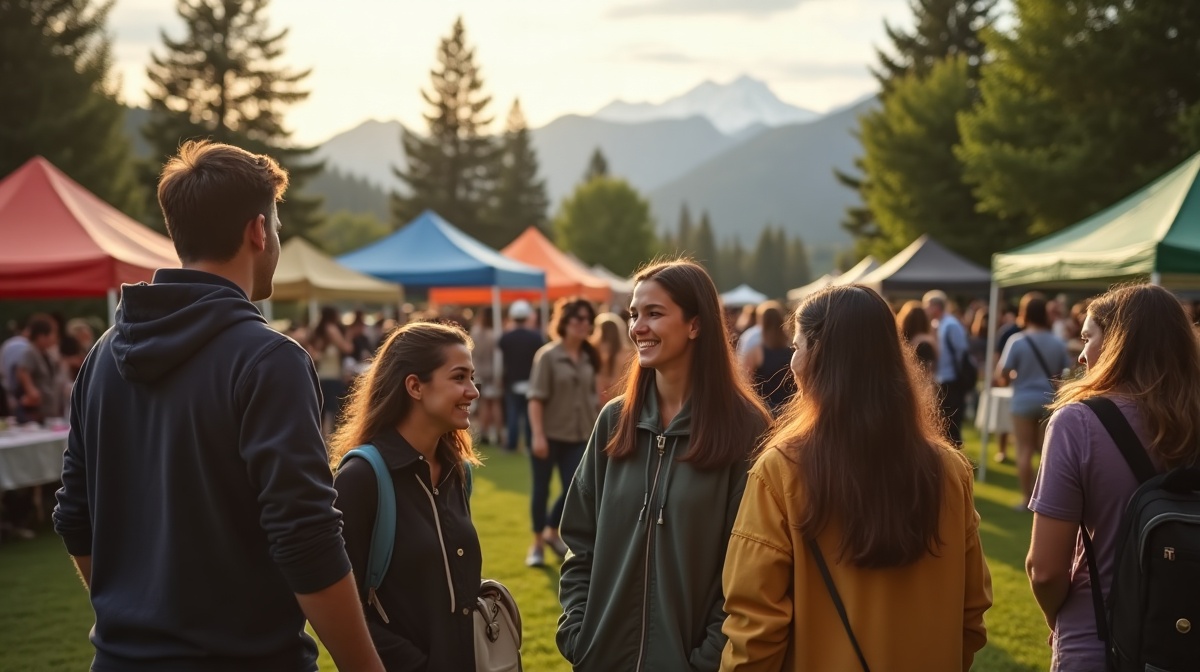 Diverse group of people at a community event outdoors with mountains in the background