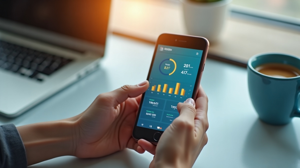 Person checking mobile phone showing earnings dashboard while sitting at a modern desk