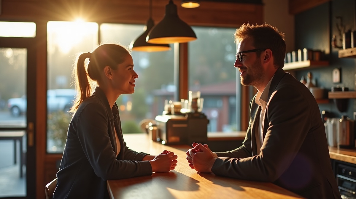 Sales representative talking with a local business owner at a coffee shop counter in Bellingham Washington