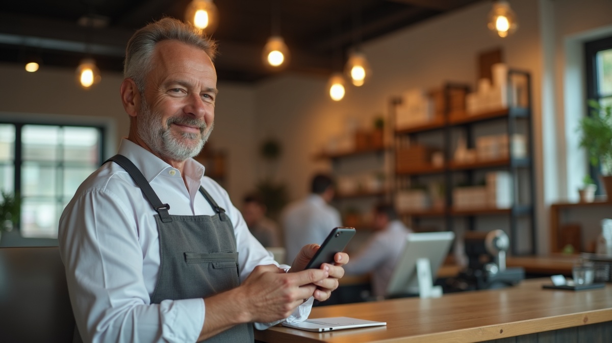 Business owner checking phone with satisfied expression