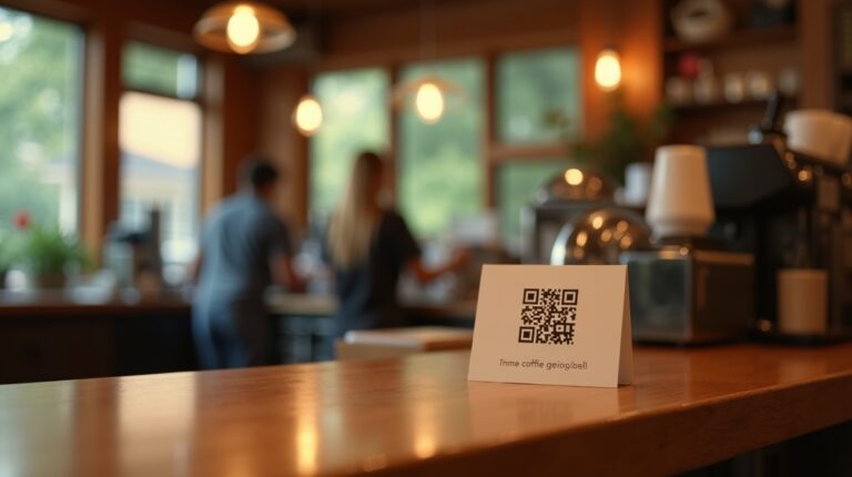 Bellingham coffee shop counter with QR code sign near the register
