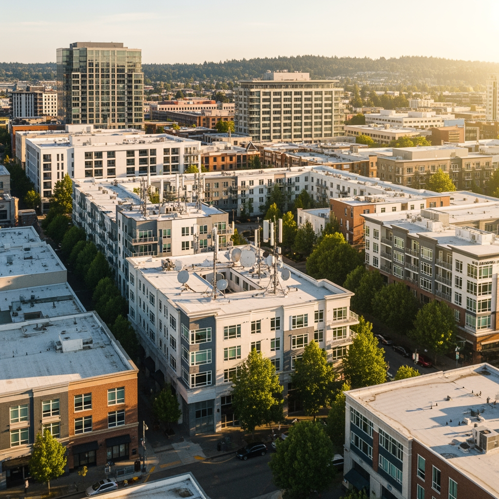 A collage of typical Bellingham building types: a Victorian house, a brick downtown commercial building, and a modern apartment complex