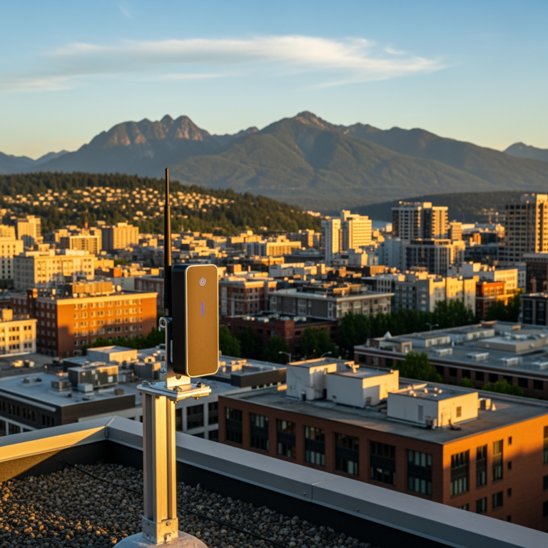 Rooftop wireless radio overlooking Bellingham Washington with Mount Baker in the background
