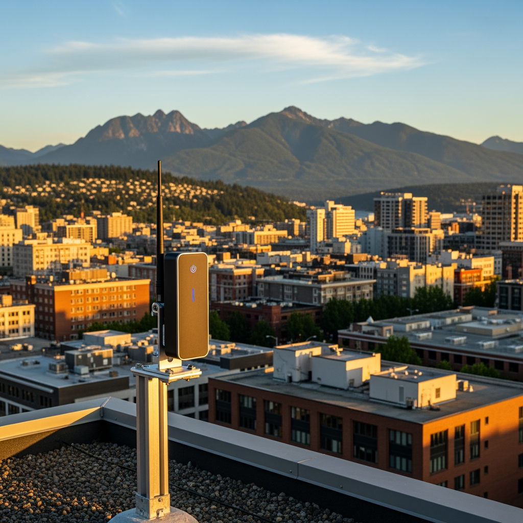 Rooftop view of Bellingham with Bellingham Bay in the background, small wireless radio mounted on a chimney