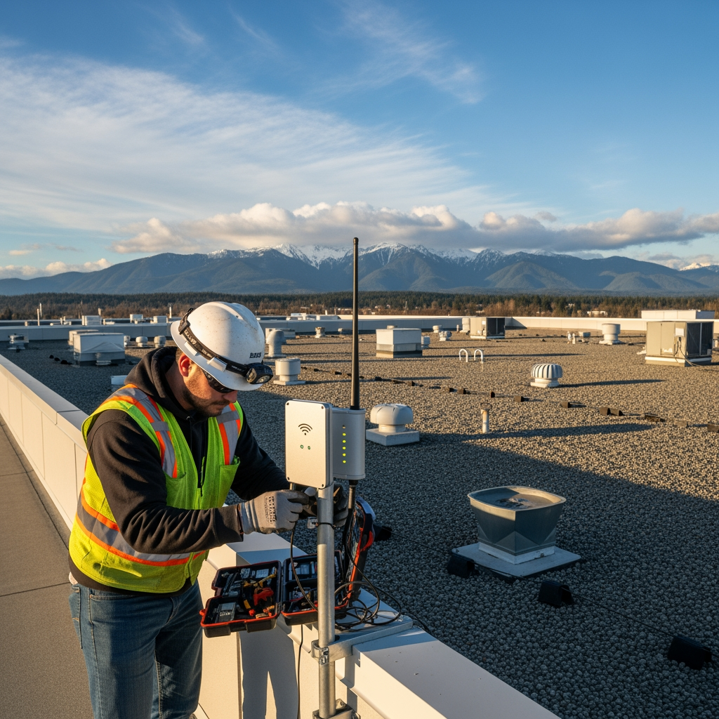 A technician in a safety harness installing a small wireless radio on a Pacific Northwest rooftop