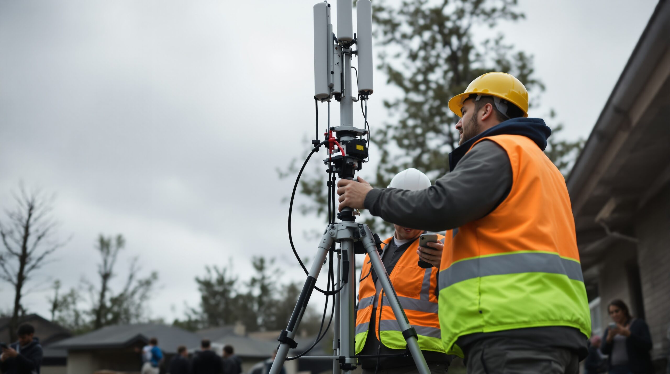 Emergency workers deploying portable cellular coverage
