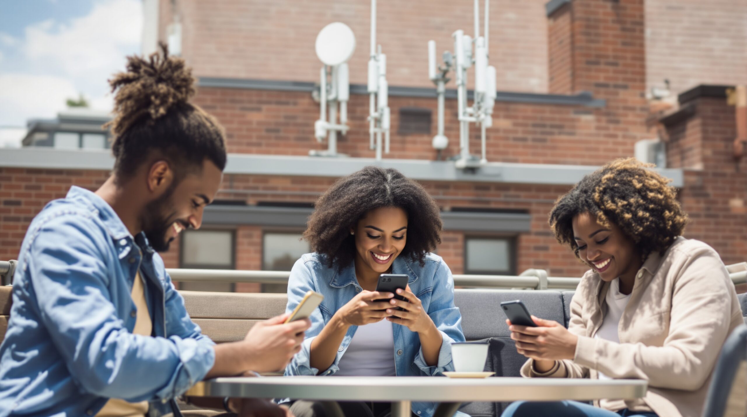 People using smartphones near a building with a wireless antenna