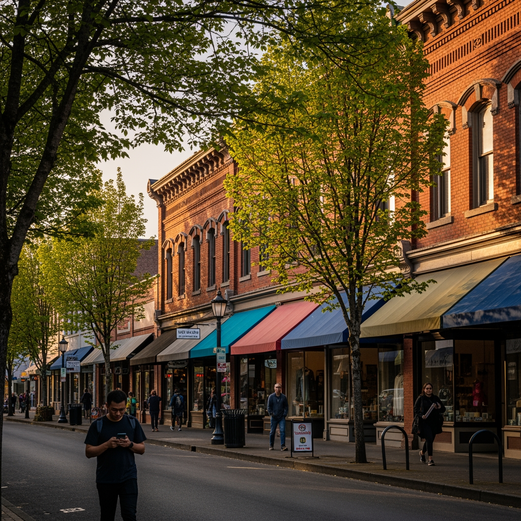 Downtown Bellingham street with local shops and pedestrians using mobile phones