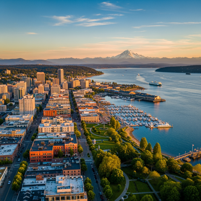 Aerial view of Bellingham Washington waterfront and downtown with wireless connectivity overlay