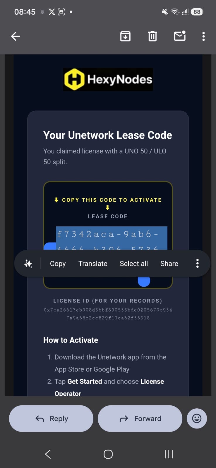HexyNodes email containing your Unetwork lease code